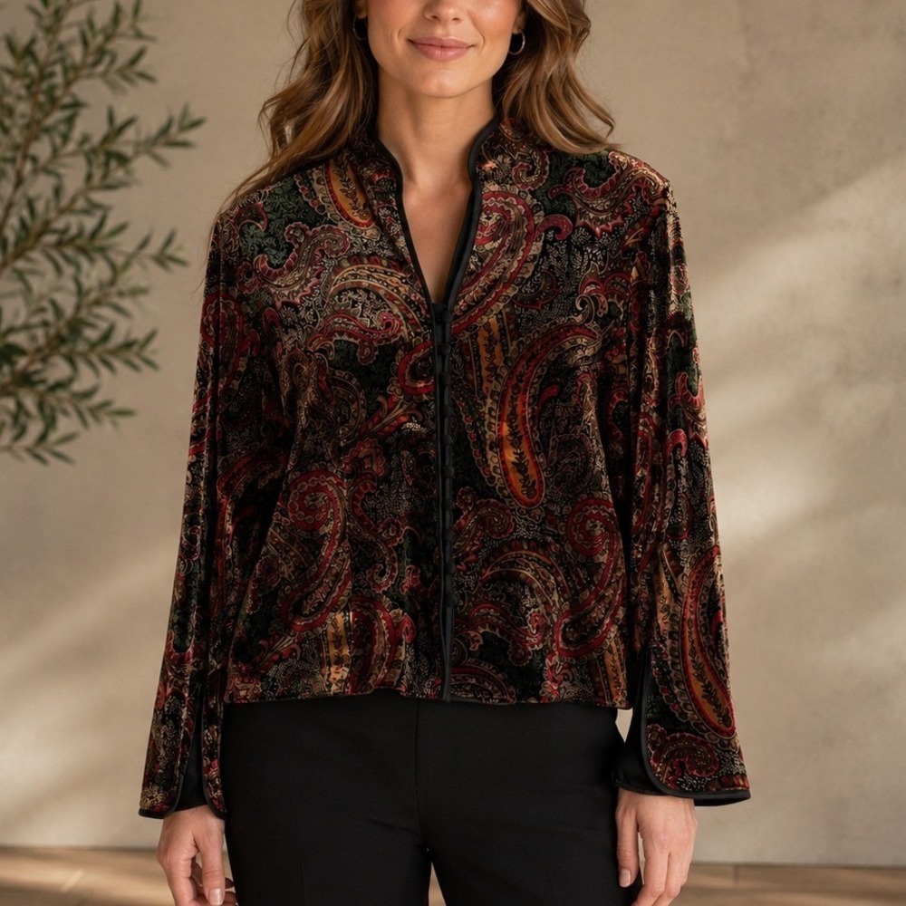 MSK Petite Jacket Multicolor Paisley Velvet Mandarin Collar Boho Evening PM